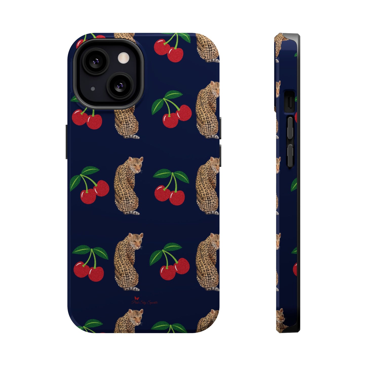 A stylish magnetic iPhone case featuring a unique pattern of leopards and bright red cherries on a dark navy blue background, blending bold and playful elements.