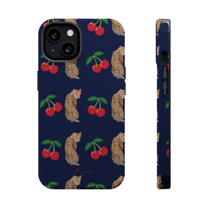 A stylish magnetic iPhone case featuring a unique pattern of leopards and bright red cherries on a dark navy blue background, blending bold and playful elements.