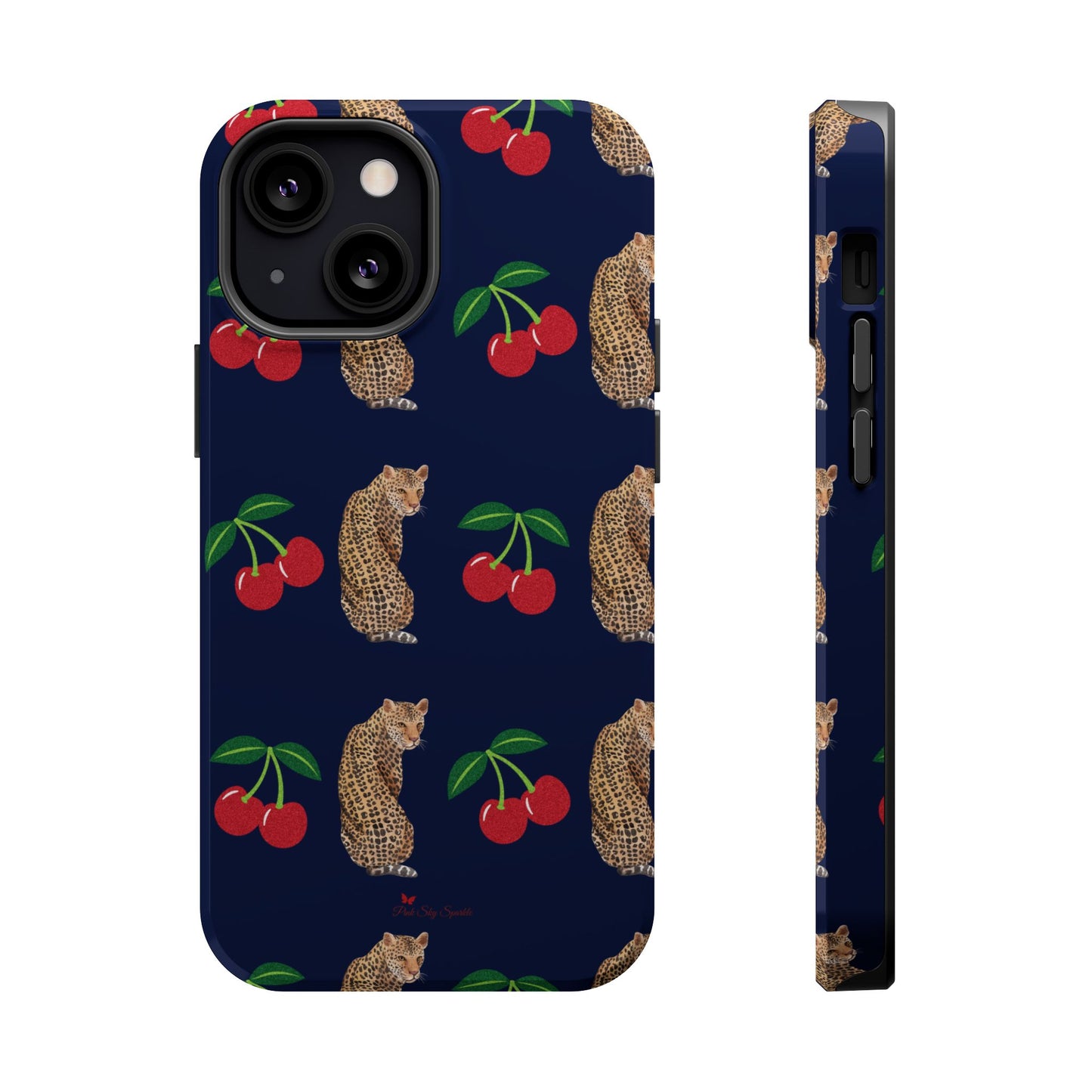 A stylish magnetic iPhone case featuring a unique pattern of leopards and bright red cherries on a dark navy blue background, blending bold and playful elements.