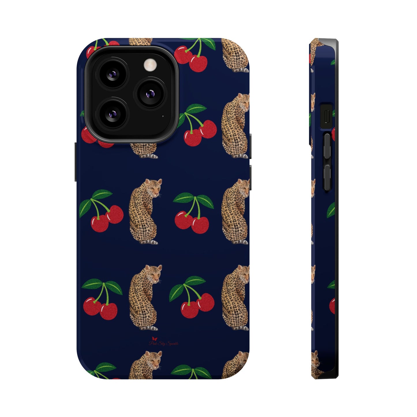 A stylish magnetic iPhone case featuring a unique pattern of leopards and bright red cherries on a dark navy blue background, blending bold and playful elements.