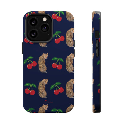 A stylish magnetic iPhone case featuring a unique pattern of leopards and bright red cherries on a dark navy blue background, blending bold and playful elements.