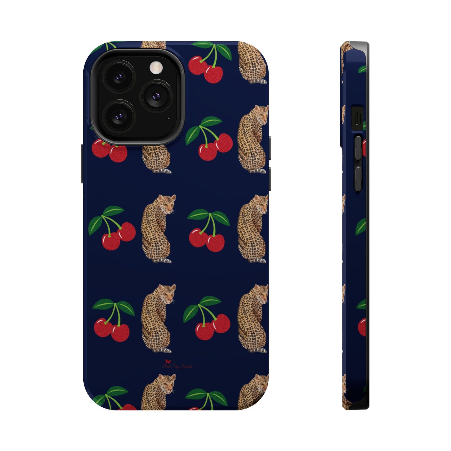 A stylish magnetic iPhone case featuring a unique pattern of leopards and bright red cherries on a dark navy blue background, blending bold and playful elements.