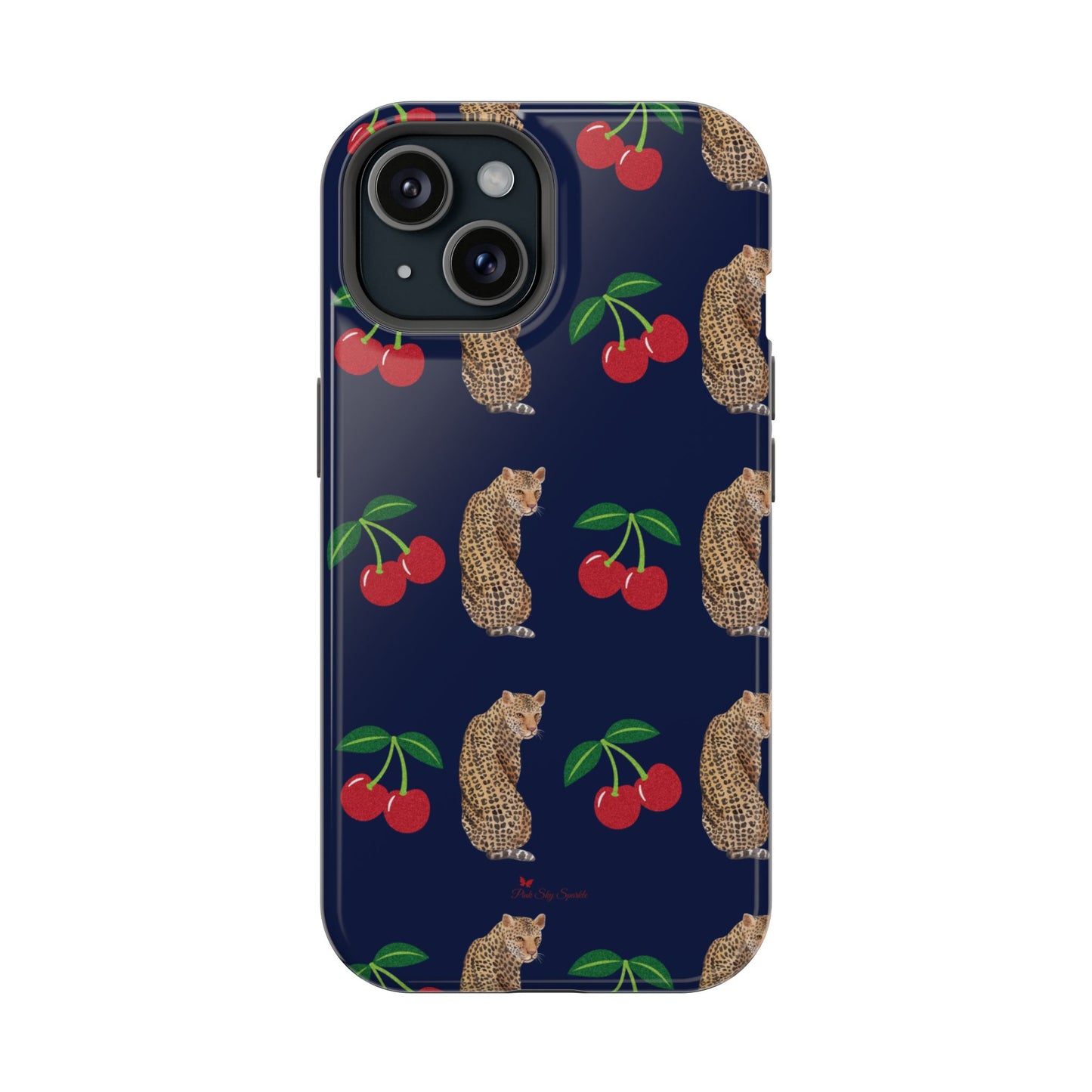 A stylish magnetic iPhone case featuring a unique pattern of leopards and bright red cherries on a dark navy blue background, blending bold and playful elements.