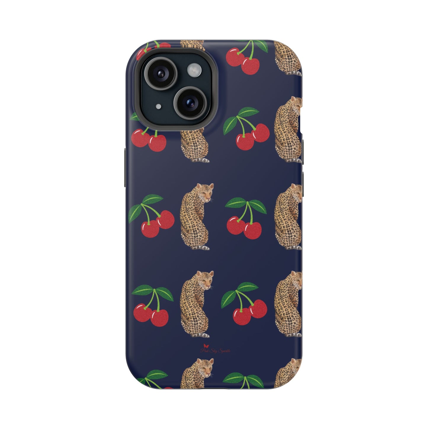 A stylish magnetic iPhone case featuring a unique pattern of leopards and bright red cherries on a dark navy blue background, blending bold and playful elements.