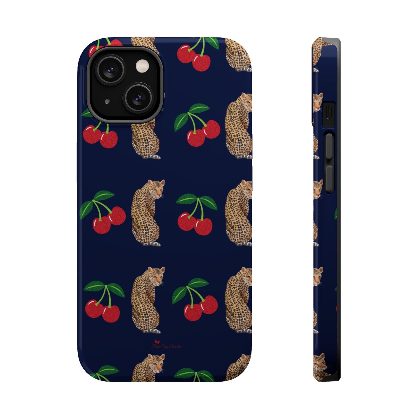 A stylish magnetic iPhone case featuring a unique pattern of leopards and bright red cherries on a dark navy blue background, blending bold and playful elements.