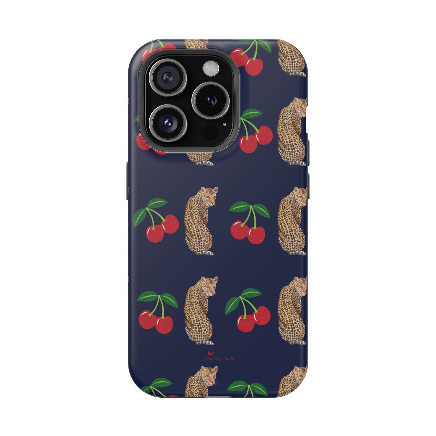 A stylish magnetic iPhone case featuring a unique pattern of leopards and bright red cherries on a dark navy blue background, blending bold and playful elements.