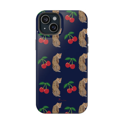 A stylish magnetic iPhone case featuring a unique pattern of leopards and bright red cherries on a dark navy blue background, blending bold and playful elements.