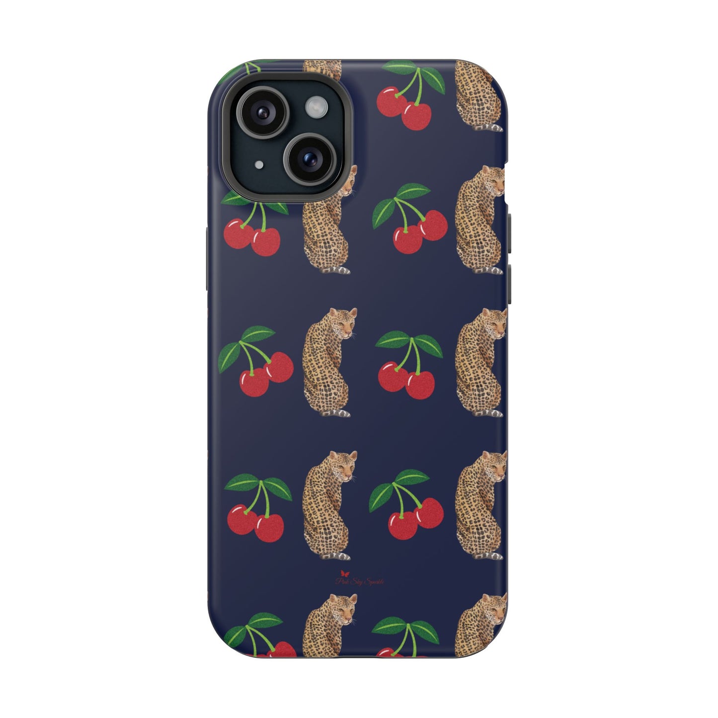 A stylish magnetic iPhone case featuring a unique pattern of leopards and bright red cherries on a dark navy blue background, blending bold and playful elements.