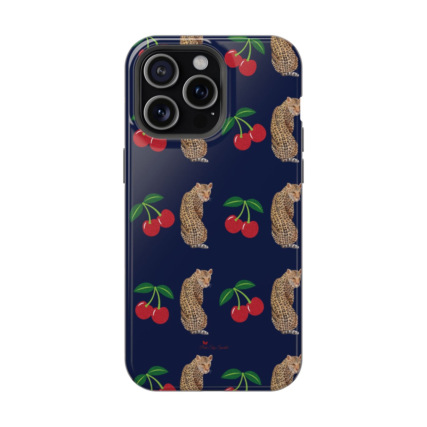 A stylish magnetic iPhone case featuring a unique pattern of leopards and bright red cherries on a dark navy blue background, blending bold and playful elements.