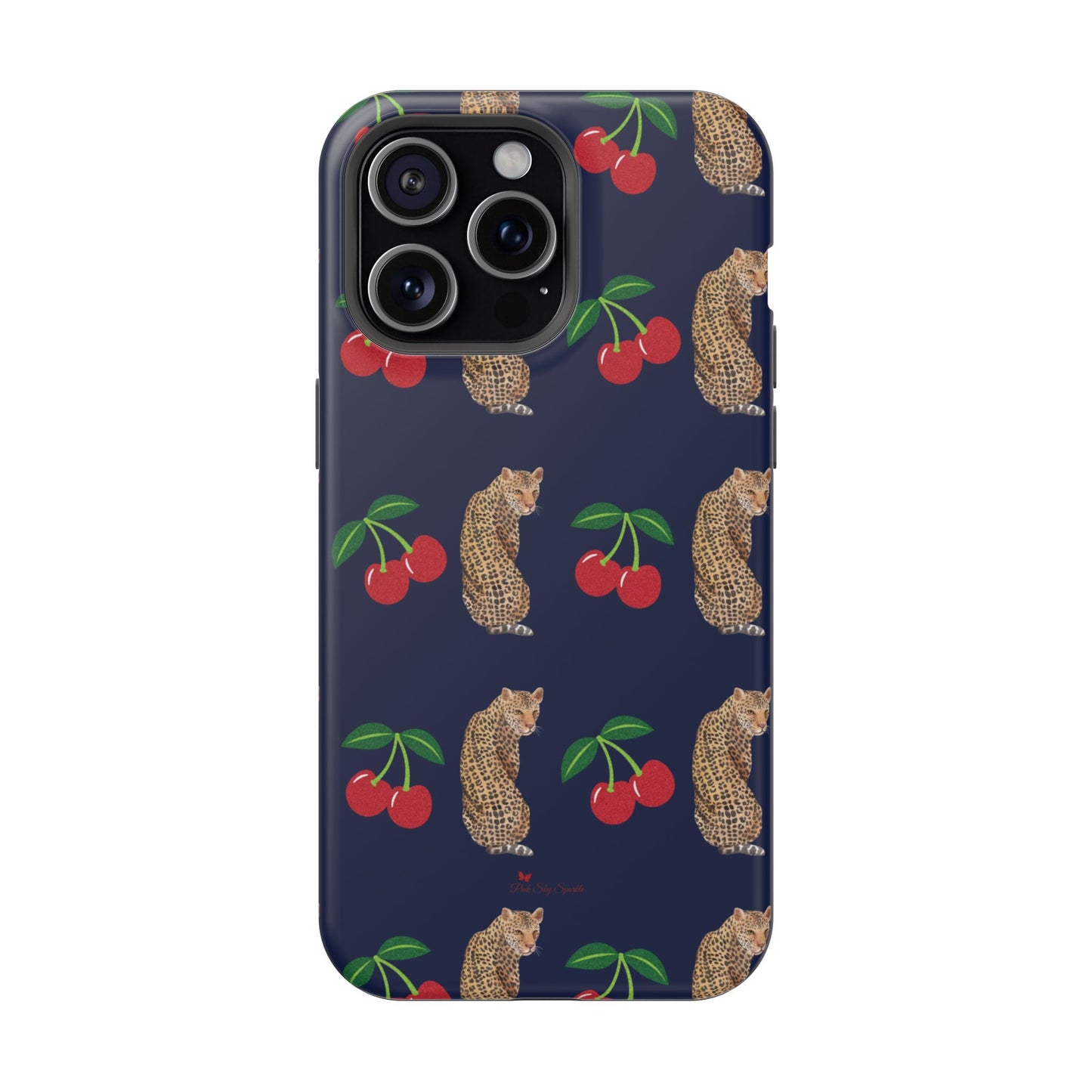 A stylish magnetic iPhone case featuring a unique pattern of leopards and bright red cherries on a dark navy blue background, blending bold and playful elements.