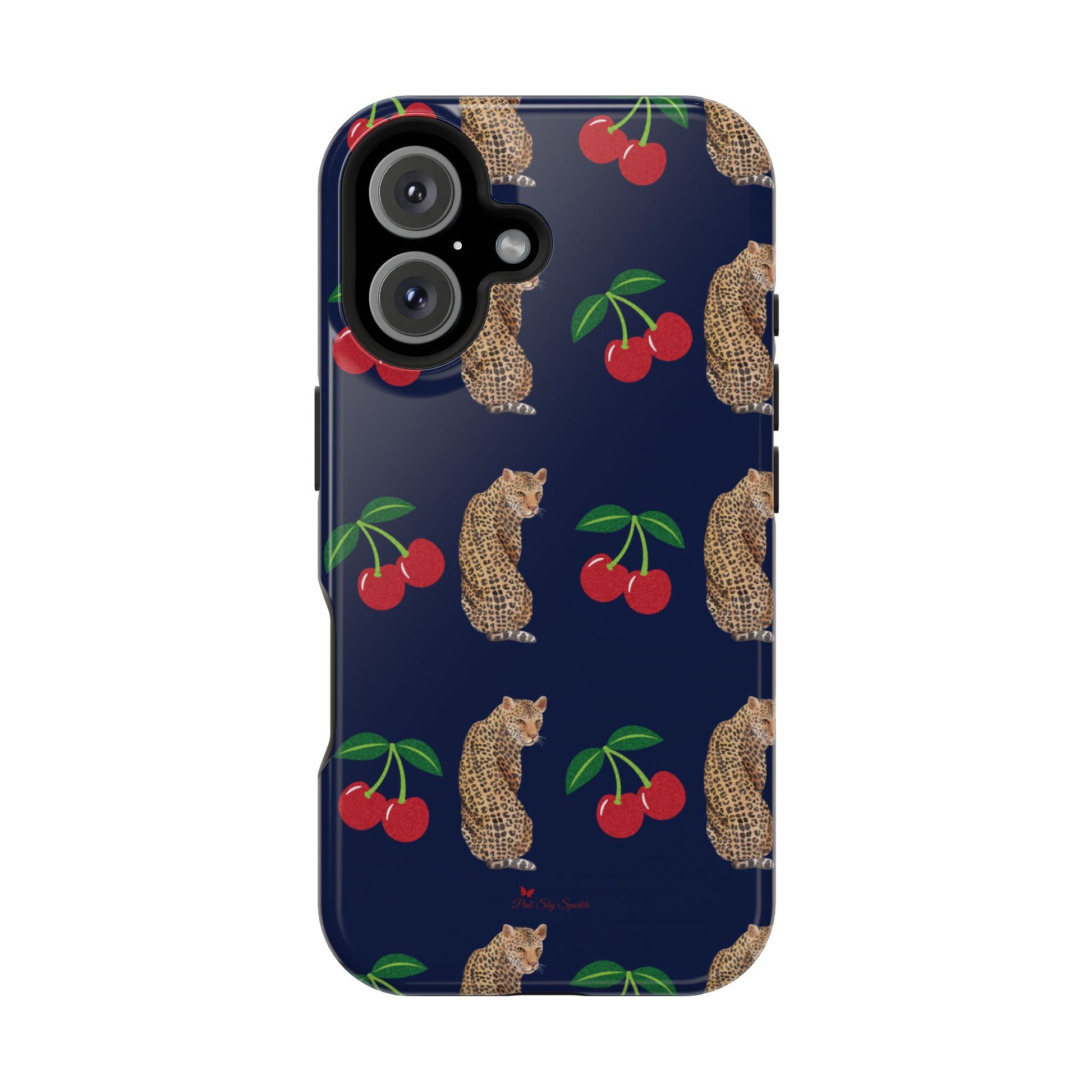 A stylish magnetic iPhone case featuring a unique pattern of leopards and bright red cherries on a dark navy blue background, blending bold and playful elements.