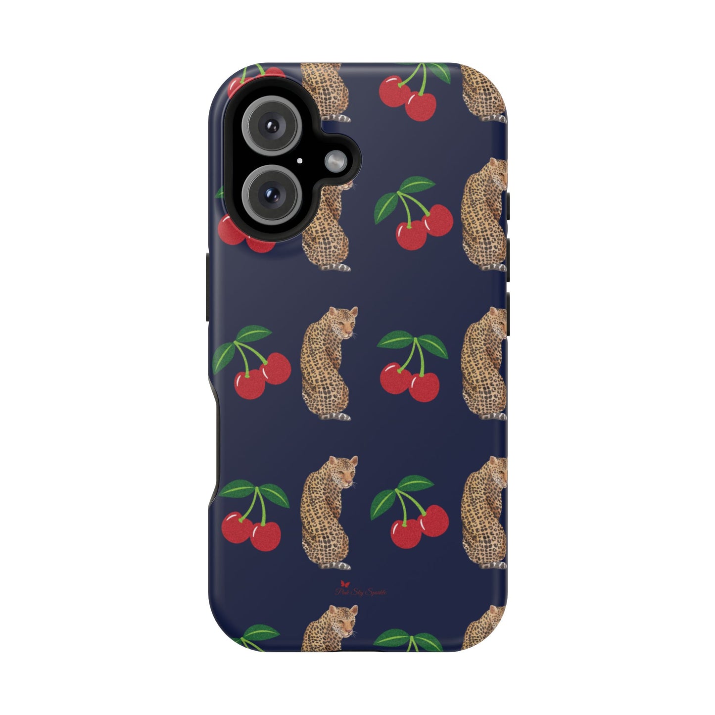 A stylish magnetic iPhone case featuring a unique pattern of leopards and bright red cherries on a dark navy blue background, blending bold and playful elements.