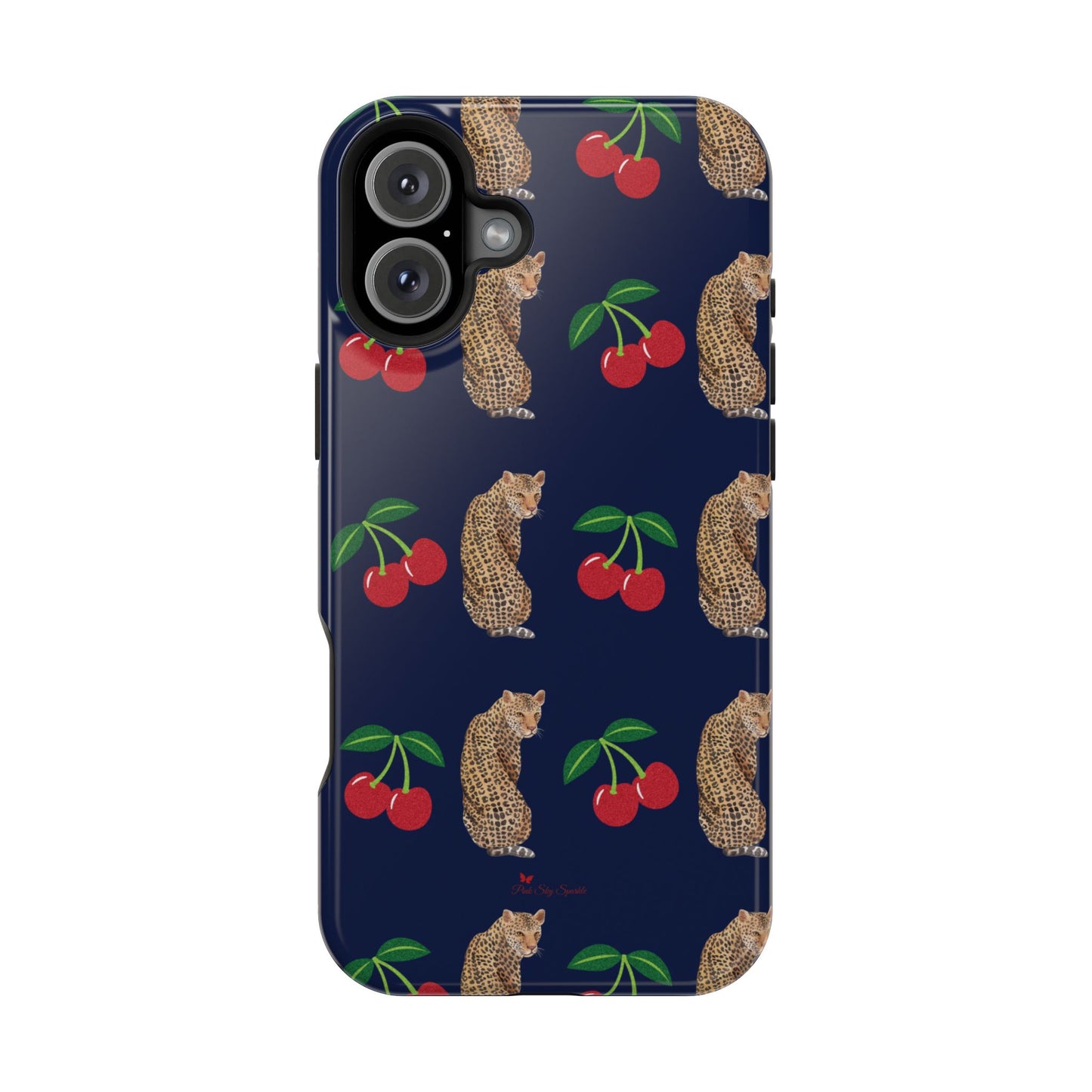 A stylish magnetic iPhone case featuring a unique pattern of leopards and bright red cherries on a dark navy blue background, blending bold and playful elements.