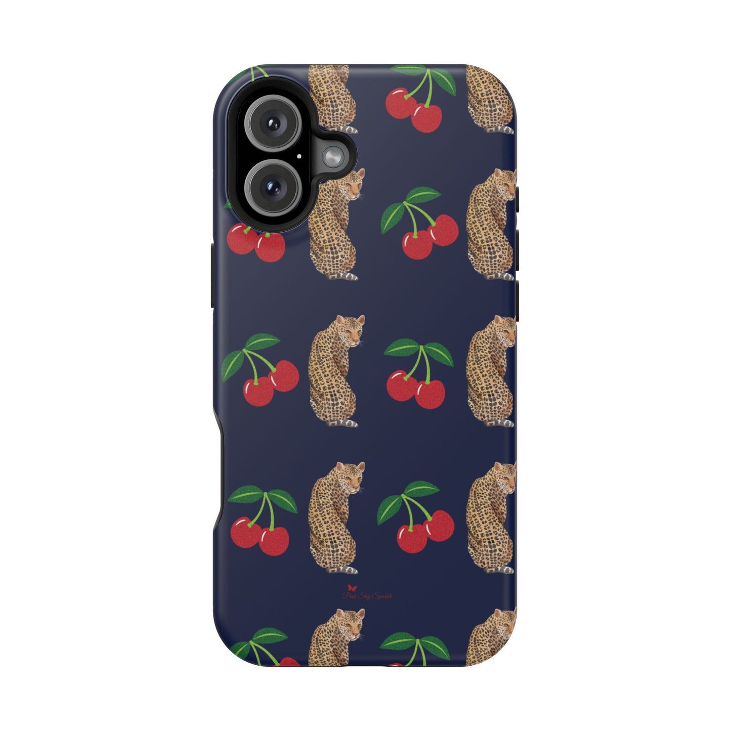 A stylish magnetic iPhone case featuring a unique pattern of leopards and bright red cherries on a dark navy blue background, blending bold and playful elements.