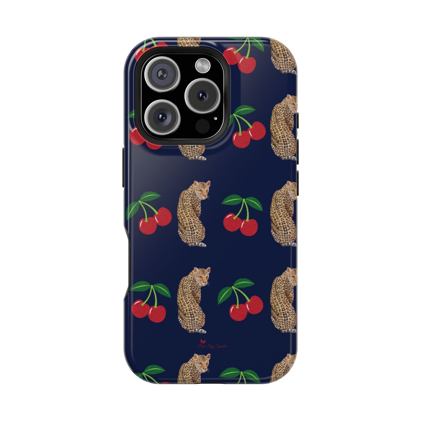 A stylish magnetic iPhone case featuring a unique pattern of leopards and bright red cherries on a dark navy blue background, blending bold and playful elements.