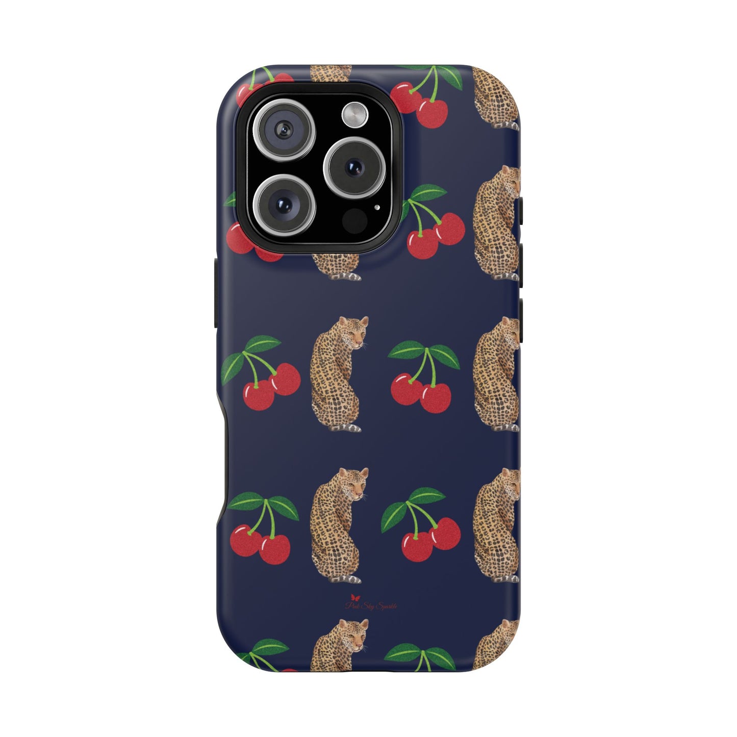 A stylish magnetic iPhone case featuring a unique pattern of leopards and bright red cherries on a dark navy blue background, blending bold and playful elements.