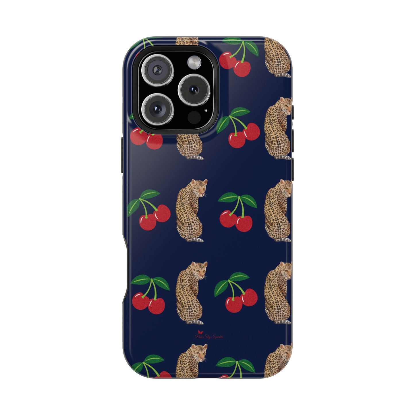 A stylish magnetic iPhone case featuring a unique pattern of leopards and bright red cherries on a dark navy blue background, blending bold and playful elements.