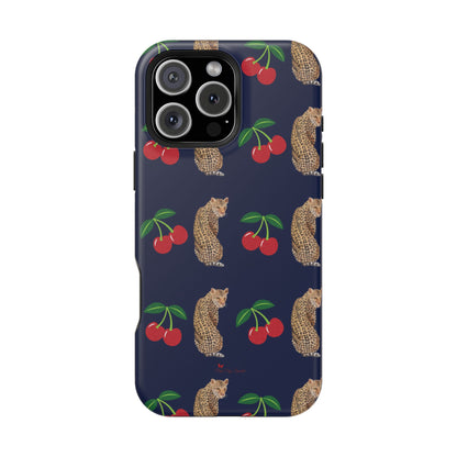 A stylish magnetic iPhone case featuring a unique pattern of leopards and bright red cherries on a dark navy blue background, blending bold and playful elements.