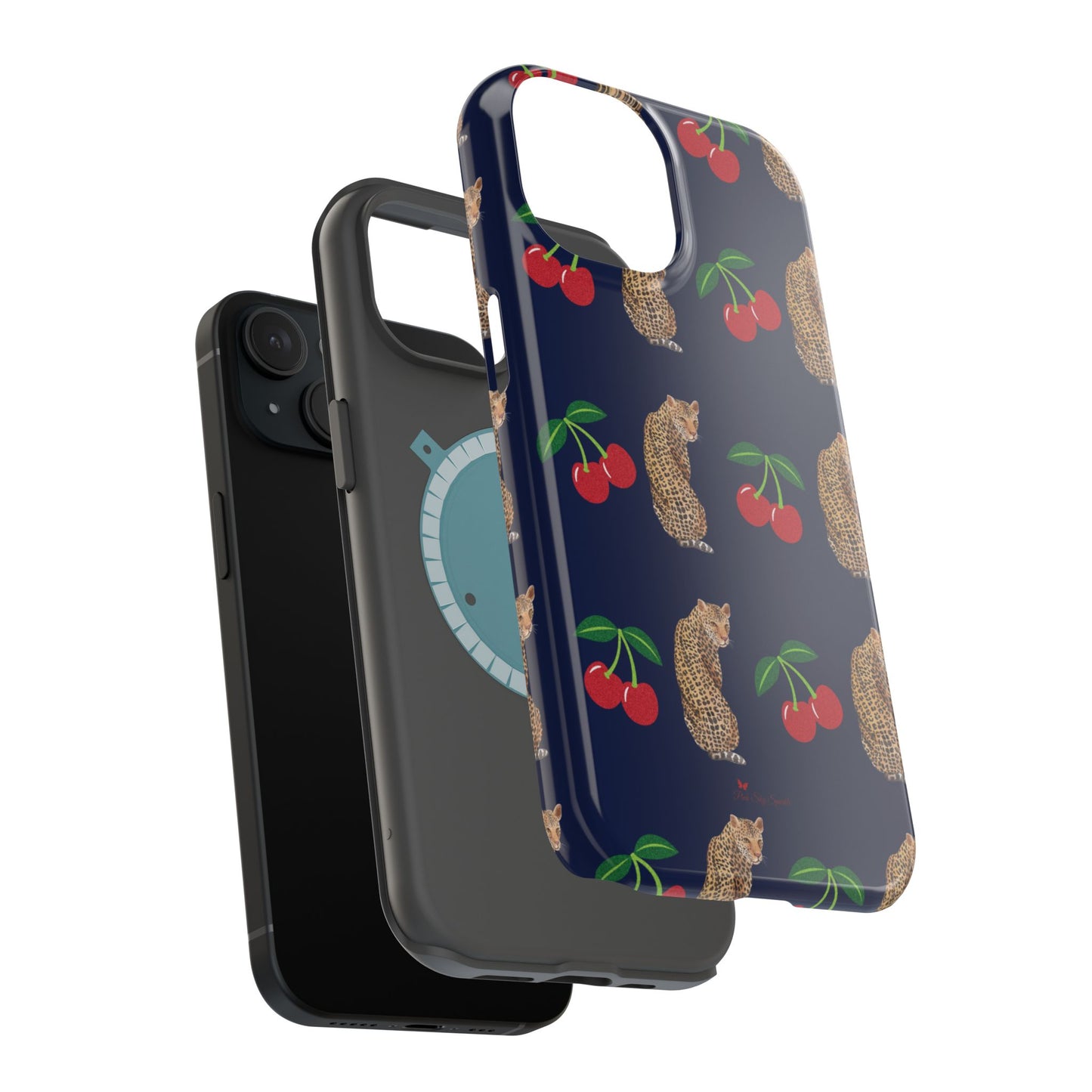 A stylish magnetic iPhone case featuring a unique pattern of leopards and bright red cherries on a dark navy blue background, blending bold and playful elements.