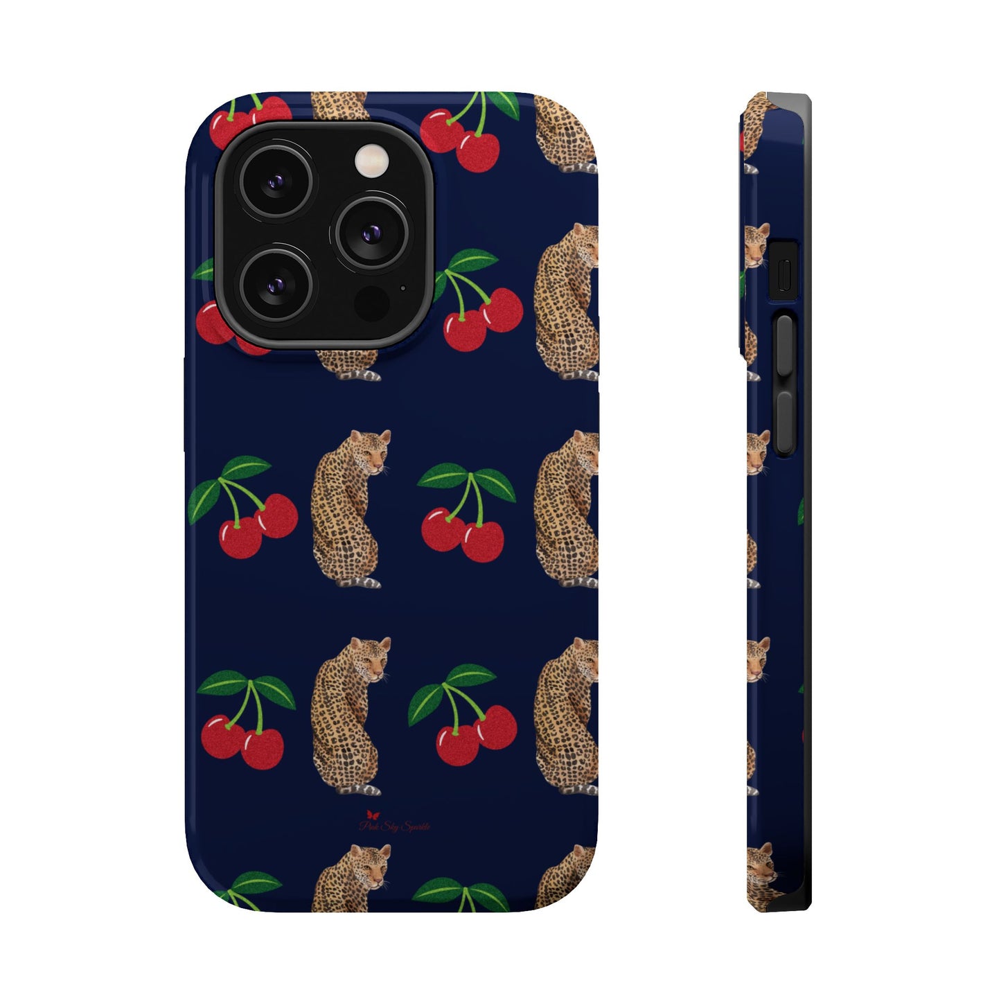 A stylish magnetic iPhone case featuring a unique pattern of leopards and bright red cherries on a dark navy blue background, blending bold and playful elements.