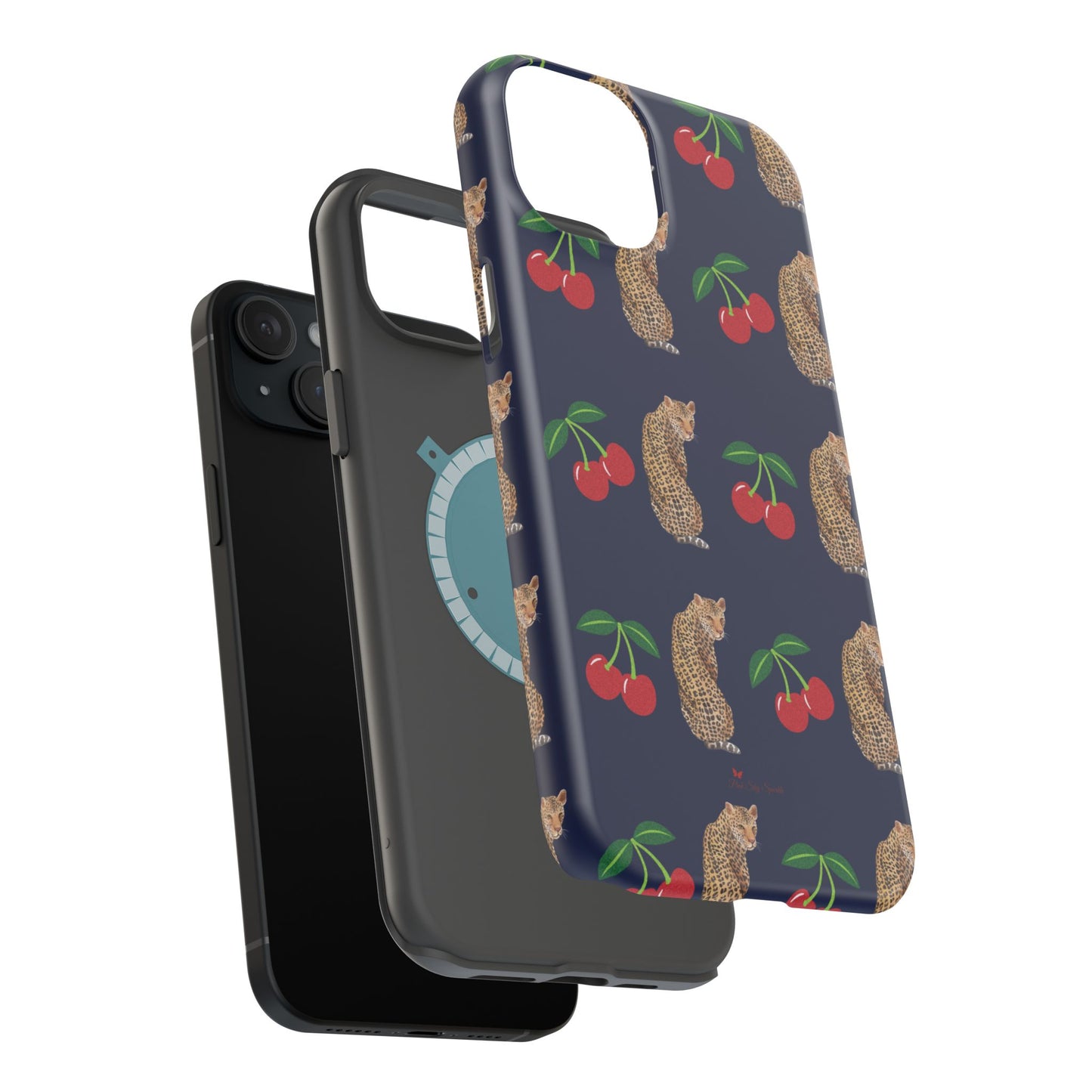 A stylish magnetic iPhone case featuring a unique pattern of leopards and bright red cherries on a dark navy blue background, blending bold and playful elements.