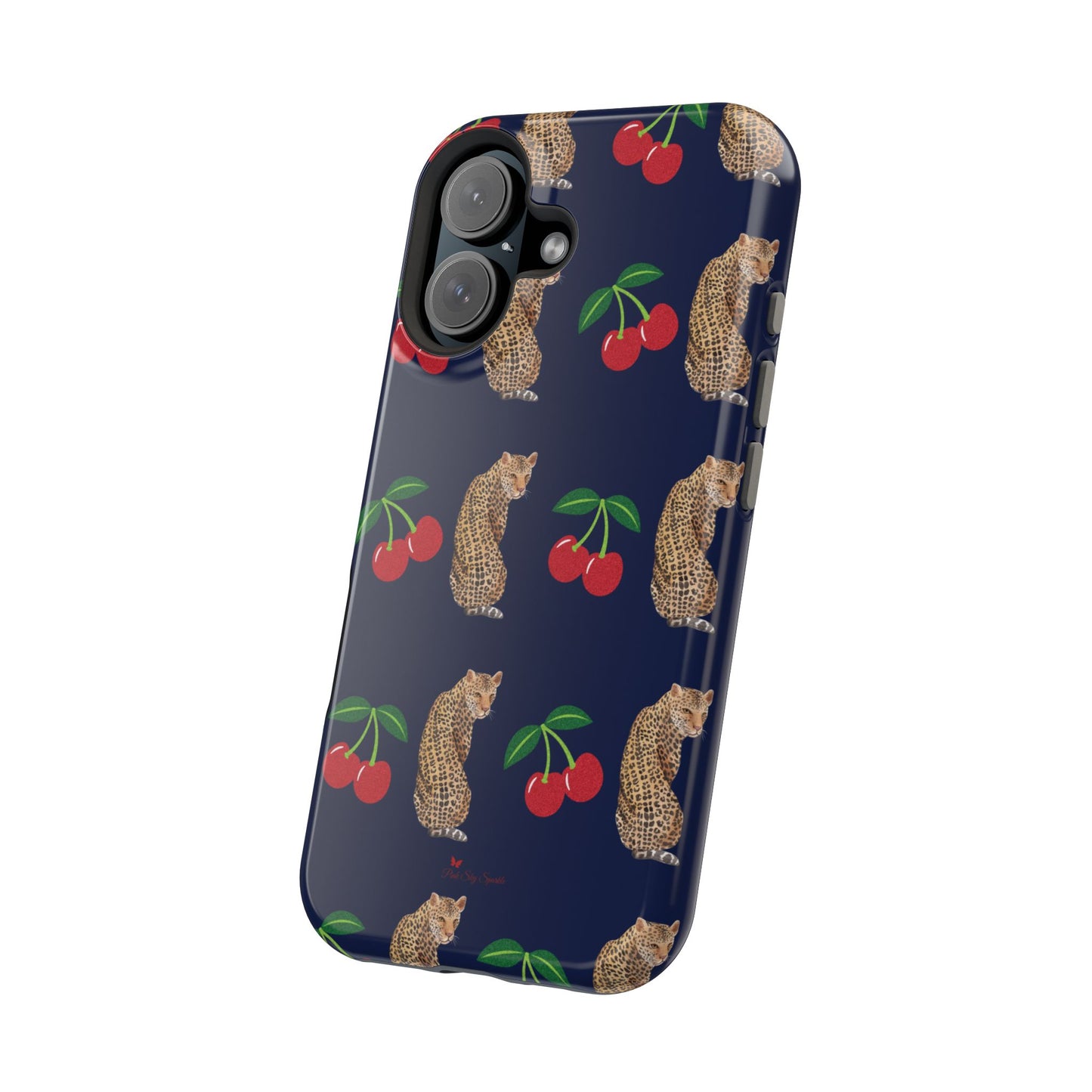 A stylish magnetic iPhone case featuring a unique pattern of leopards and bright red cherries on a dark navy blue background, blending bold and playful elements.