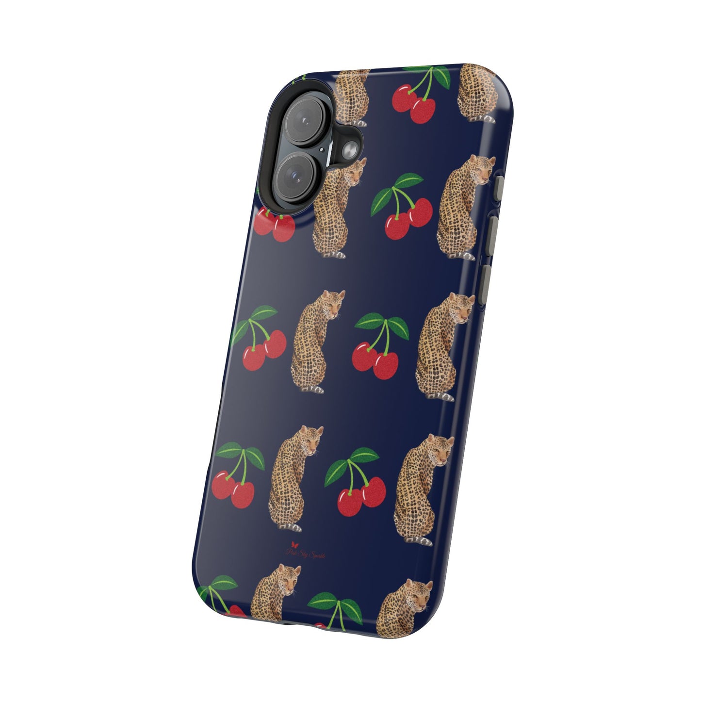 A stylish magnetic iPhone case featuring a unique pattern of leopards and bright red cherries on a dark navy blue background, blending bold and playful elements.