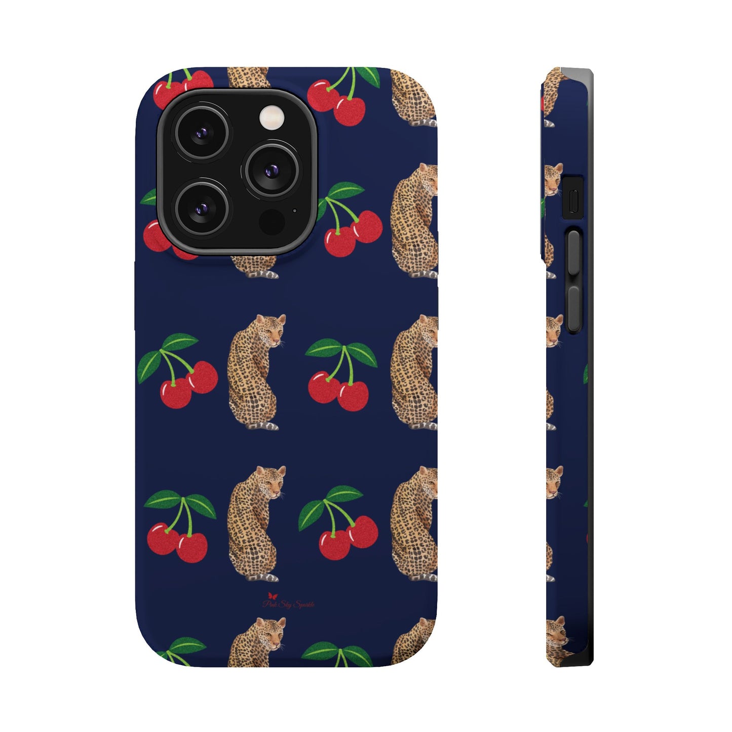 A stylish magnetic iPhone case featuring a unique pattern of leopards and bright red cherries on a dark navy blue background, blending bold and playful elements.