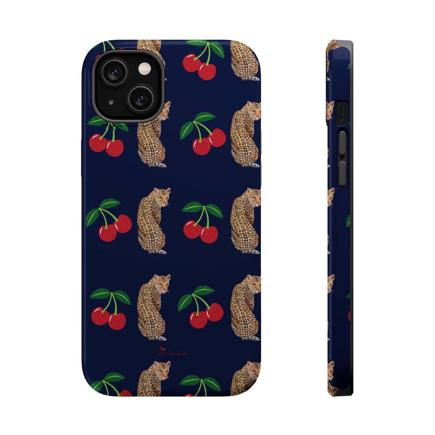 A stylish magnetic iPhone case featuring a unique pattern of leopards and bright red cherries on a dark navy blue background, blending bold and playful elements.