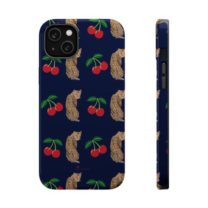 A stylish magnetic iPhone case featuring a unique pattern of leopards and bright red cherries on a dark navy blue background, blending bold and playful elements.