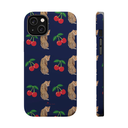 A stylish magnetic iPhone case featuring a unique pattern of leopards and bright red cherries on a dark navy blue background, blending bold and playful elements.