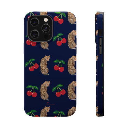 A stylish magnetic iPhone case featuring a unique pattern of leopards and bright red cherries on a dark navy blue background, blending bold and playful elements.