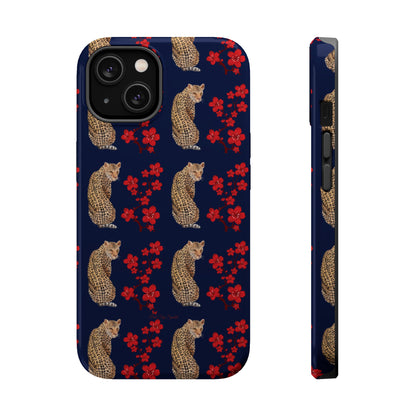 Crimson Jungle Magnetic iPhone Case featuring a leopard surrounded by vibrant red cherry blossoms on a navy blue background.