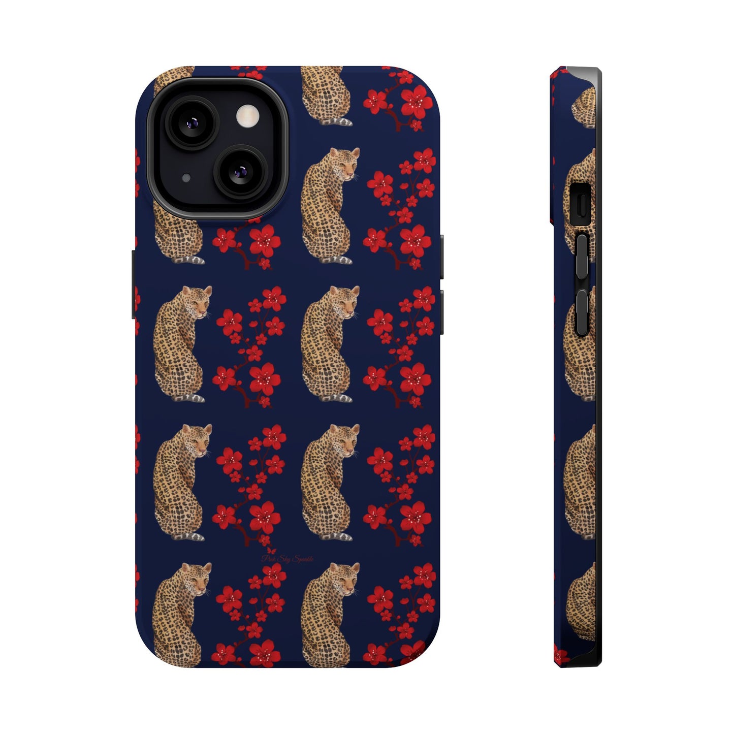 Crimson Jungle Magnetic iPhone Case featuring a leopard surrounded by vibrant red cherry blossoms on a navy blue background.