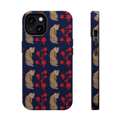 Crimson Jungle Magnetic iPhone Case featuring a leopard surrounded by vibrant red cherry blossoms on a navy blue background.