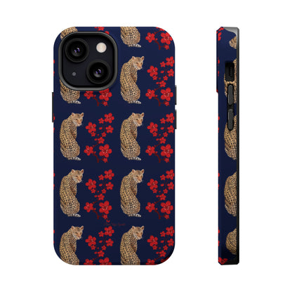 Crimson Jungle Magnetic iPhone Case featuring a leopard surrounded by vibrant red cherry blossoms on a navy blue background.