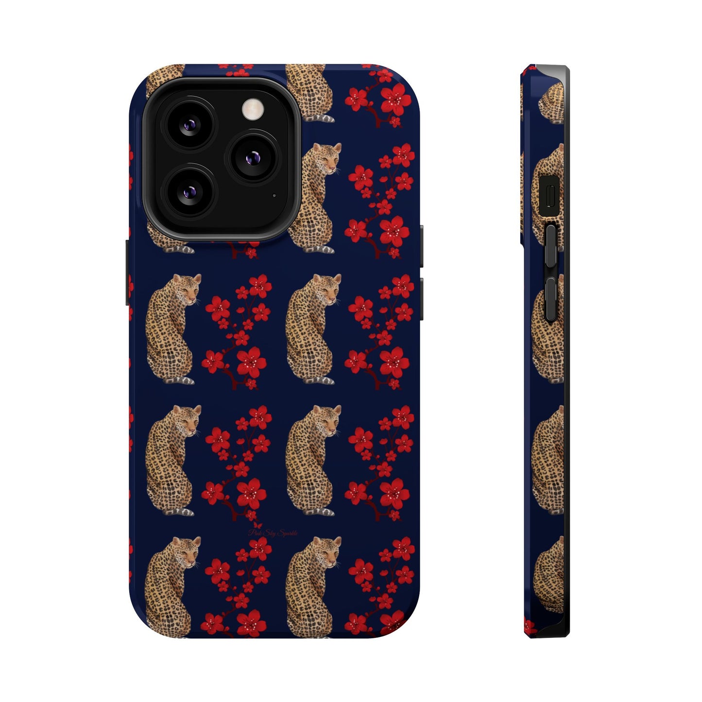 Crimson Jungle Magnetic iPhone Case featuring a leopard surrounded by vibrant red cherry blossoms on a navy blue background.