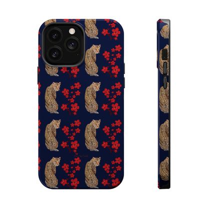 Crimson Jungle Magnetic iPhone Case featuring a leopard surrounded by vibrant red cherry blossoms on a navy blue background.