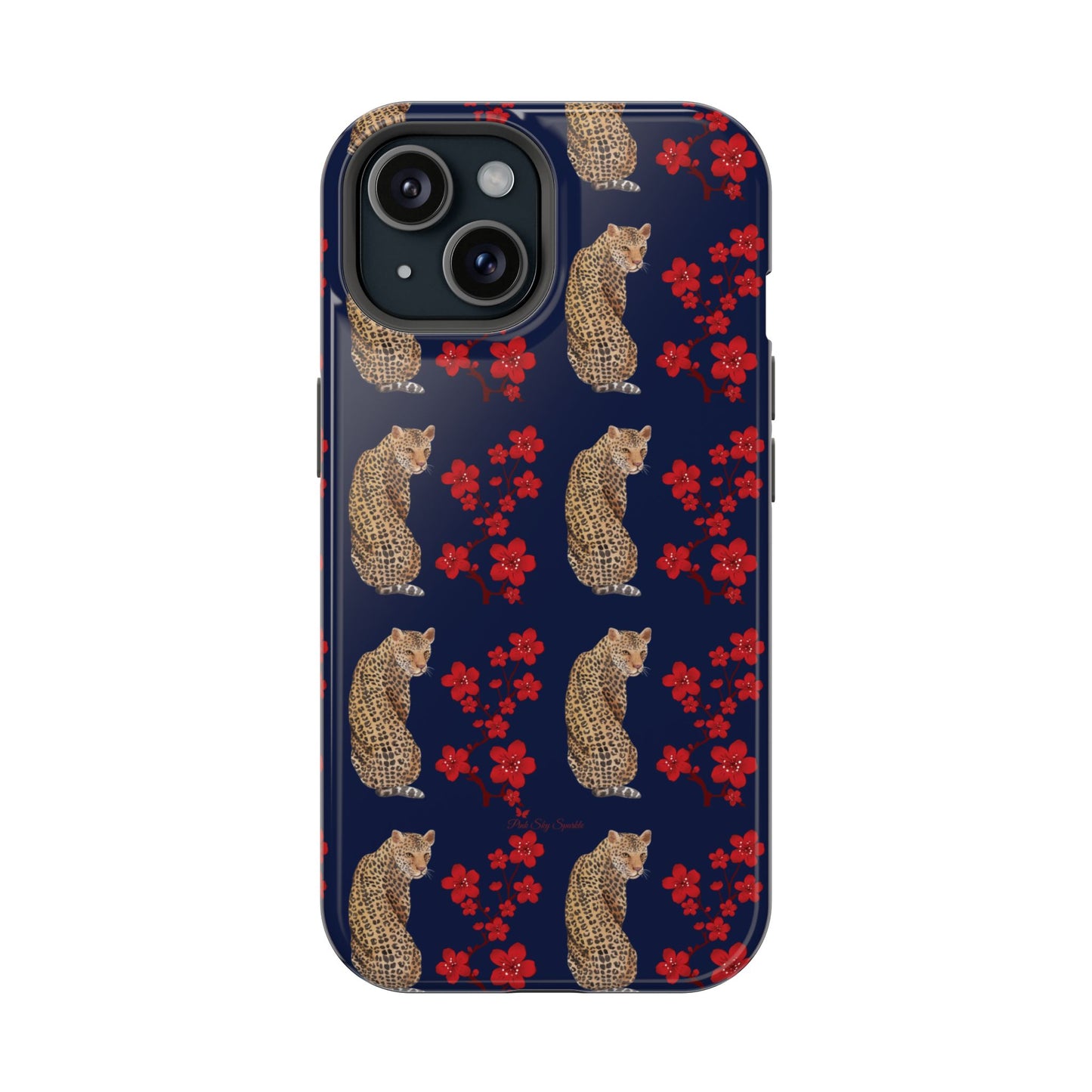 Crimson Jungle Magnetic iPhone Case featuring a leopard surrounded by vibrant red cherry blossoms on a navy blue background.