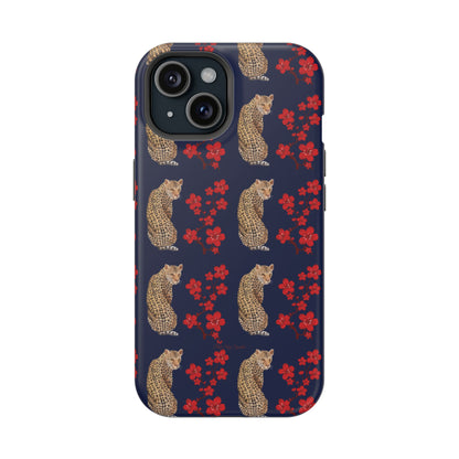 Crimson Jungle Magnetic iPhone Case featuring a leopard surrounded by vibrant red cherry blossoms on a navy blue background.