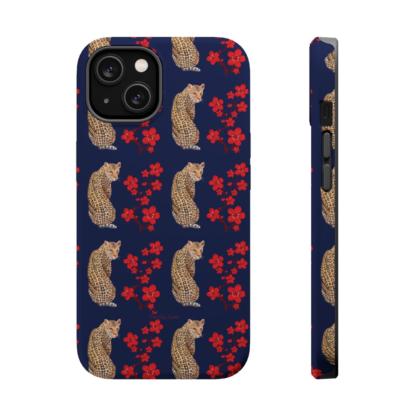 Crimson Jungle Magnetic iPhone Case featuring a leopard surrounded by vibrant red cherry blossoms on a navy blue background.