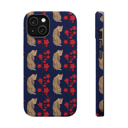 Crimson Jungle Magnetic iPhone Case featuring a leopard surrounded by vibrant red cherry blossoms on a navy blue background.