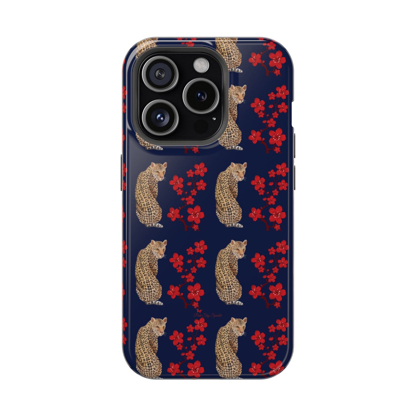 Crimson Jungle Magnetic iPhone Case featuring a leopard surrounded by vibrant red cherry blossoms on a navy blue background.