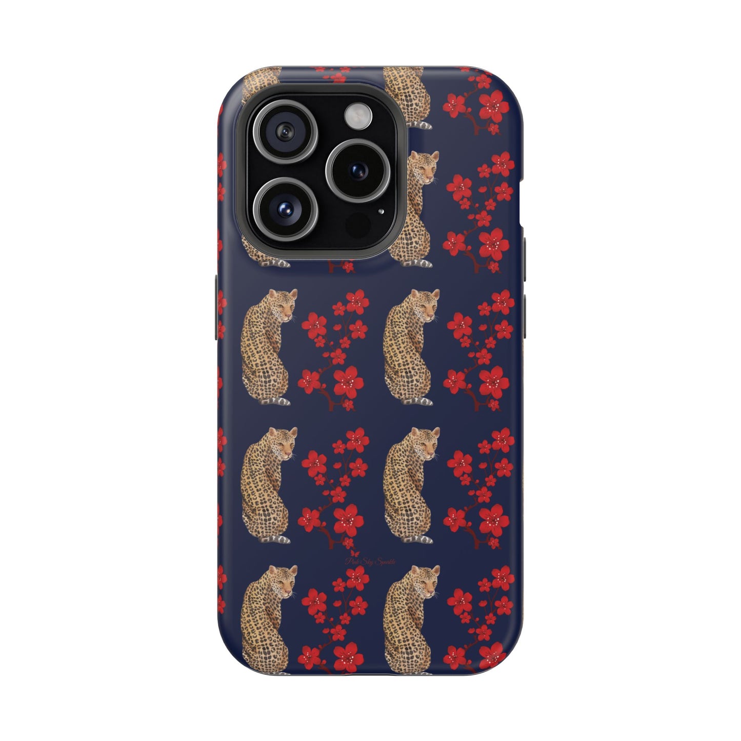 Crimson Jungle Magnetic iPhone Case featuring a leopard surrounded by vibrant red cherry blossoms on a navy blue background.