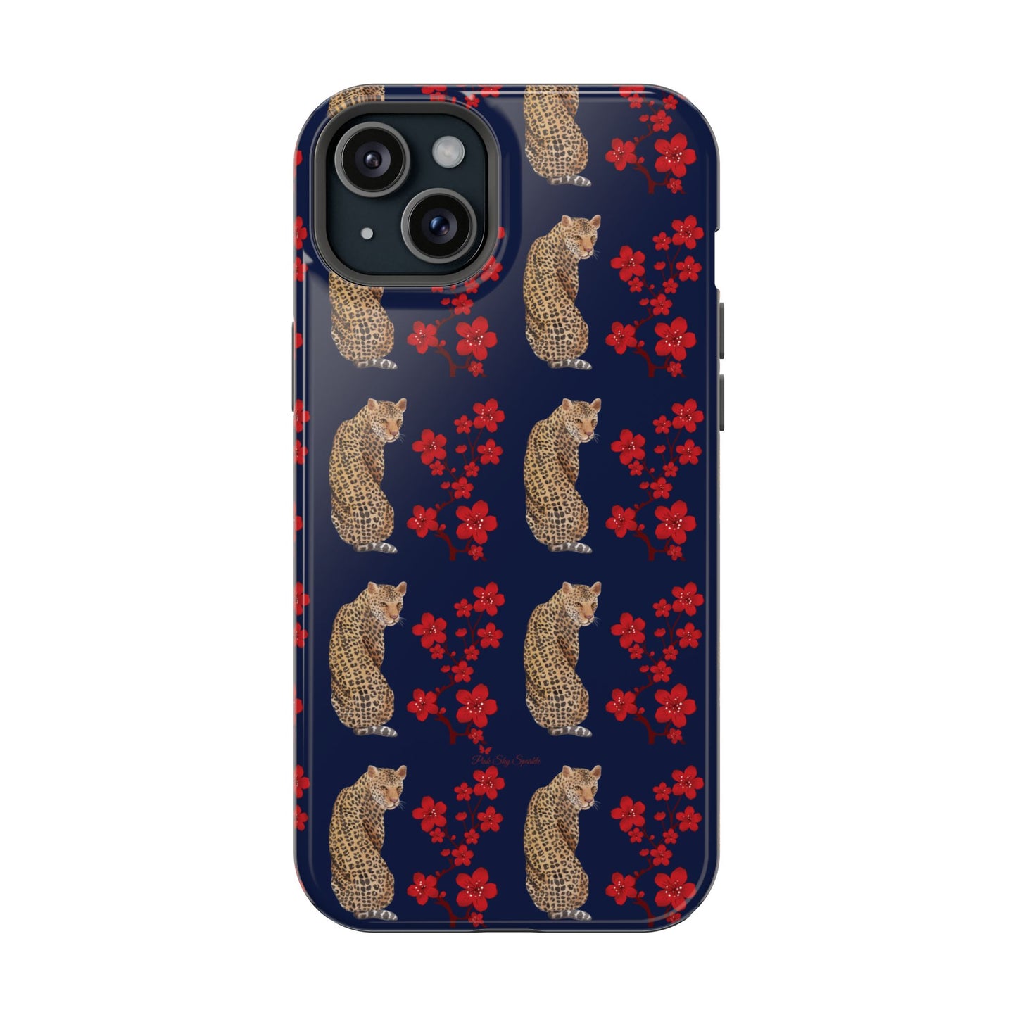 Crimson Jungle Magnetic iPhone Case featuring a leopard surrounded by vibrant red cherry blossoms on a navy blue background.