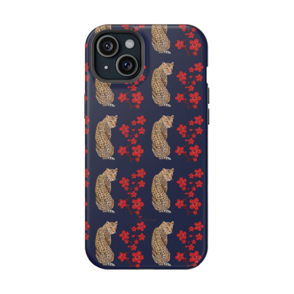 Crimson Jungle Magnetic iPhone Case featuring a leopard surrounded by vibrant red cherry blossoms on a navy blue background.