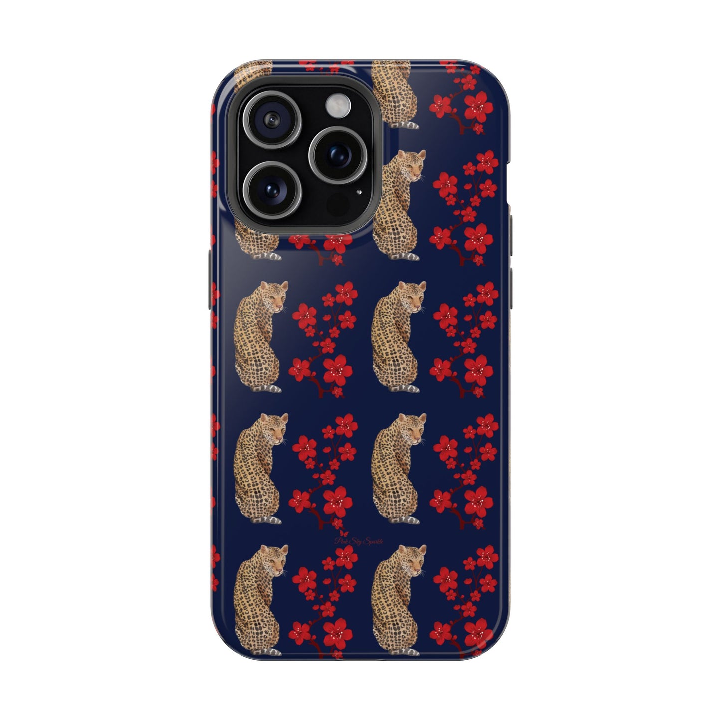 Crimson Jungle Magnetic iPhone Case featuring a leopard surrounded by vibrant red cherry blossoms on a navy blue background.