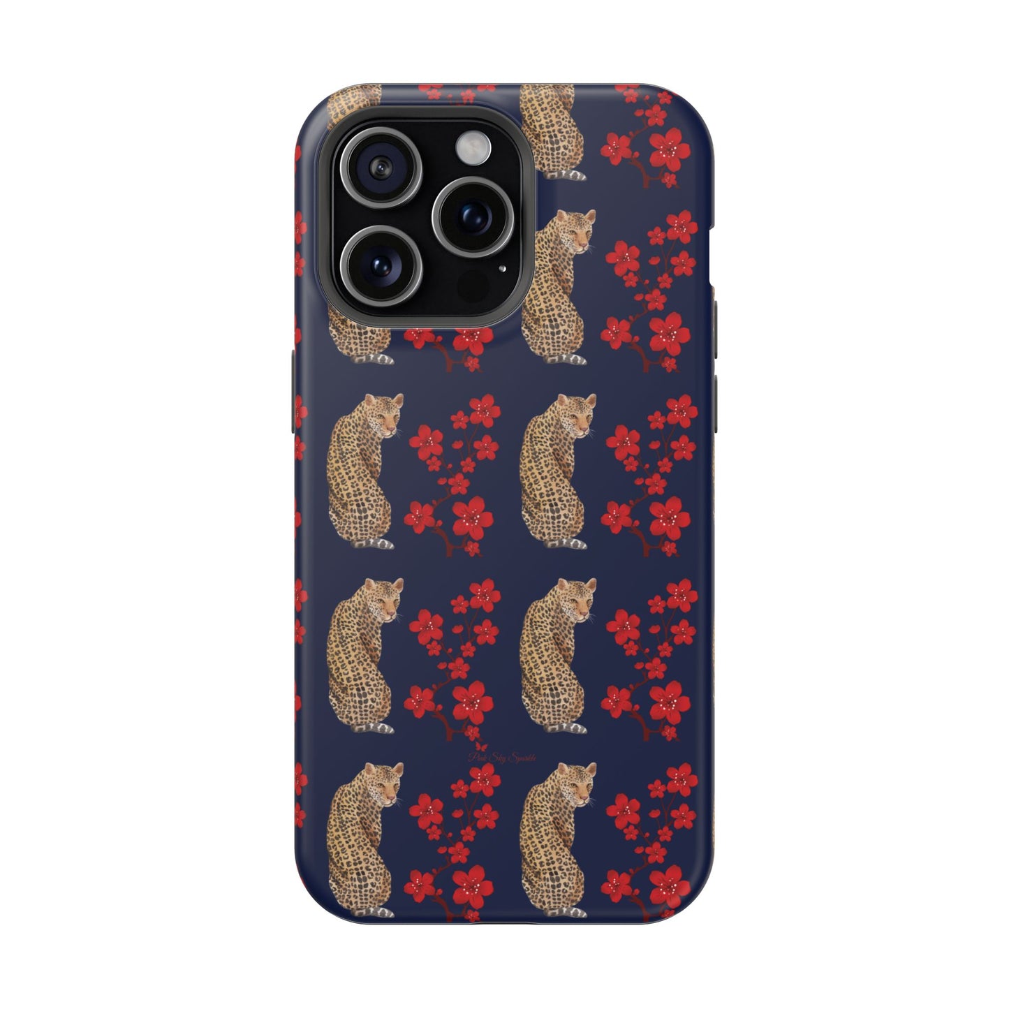 Crimson Jungle Magnetic iPhone Case featuring a leopard surrounded by vibrant red cherry blossoms on a navy blue background.