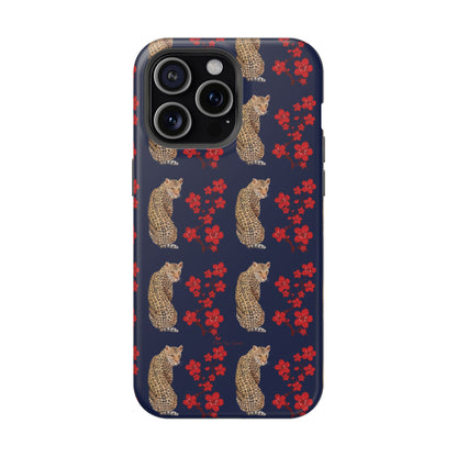 Crimson Jungle Magnetic iPhone Case featuring a leopard surrounded by vibrant red cherry blossoms on a navy blue background.