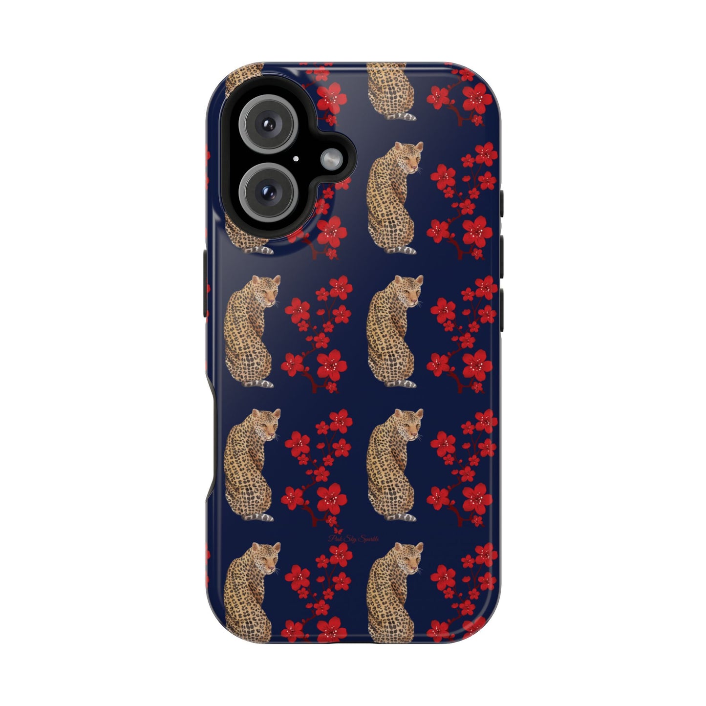 Crimson Jungle Magnetic iPhone Case featuring a leopard surrounded by vibrant red cherry blossoms on a navy blue background.